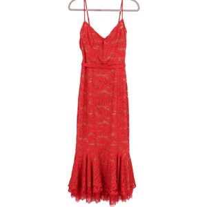 V. Chapman Naomi Stretch Red Lace Corset Flounce-Hem Midi Dress Size 10 Bodycon